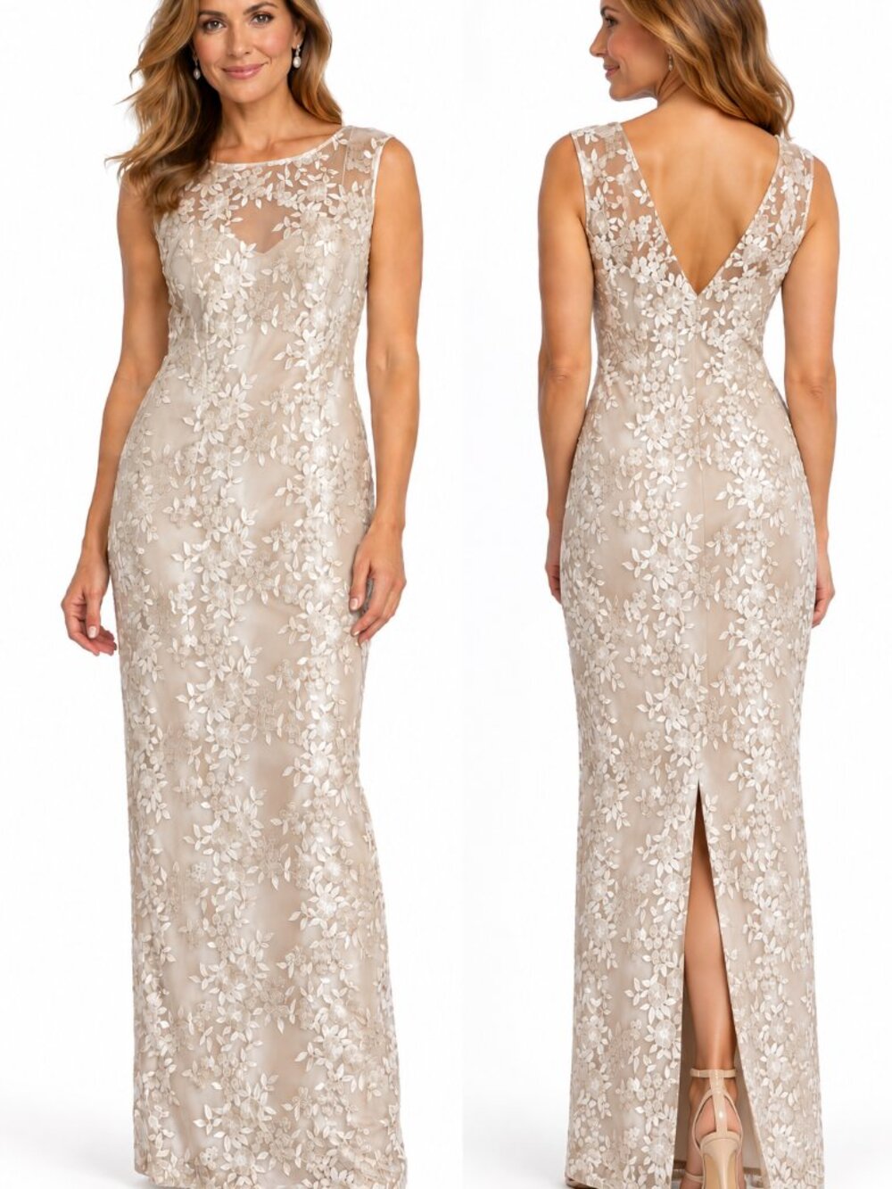 Lauren Ralph Lauren Ivory Floral Lace Maxi Column Dress Wedding Formal Elegant 4